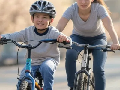 Casting campagne digitale marque de vélo enfants et adultes à l'aise sur un vélo