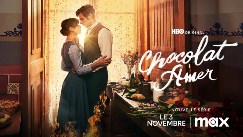 Affiche Chocolat amer sur Max : Tita et Pedro enlacés dans la cuisine, romance et réalisme magique