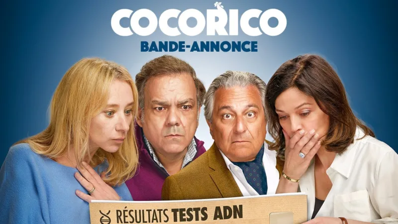 Affiche de Cocorico montrant Christian Clavier, Didier Bourdon, Sylvie Testud et Marianne Denicourt autour d’une enveloppe de résultats ADN
