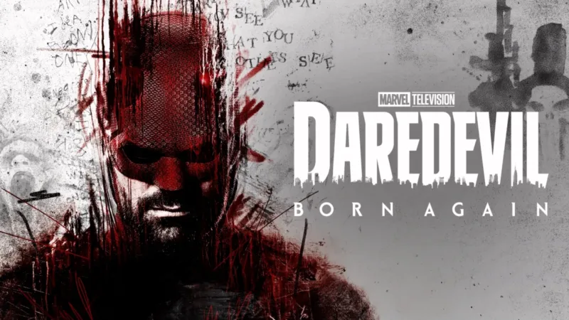Affiche de Daredevil: Born Again saison 2 avec le visage de Daredevil en rouge et le titre en surimpression