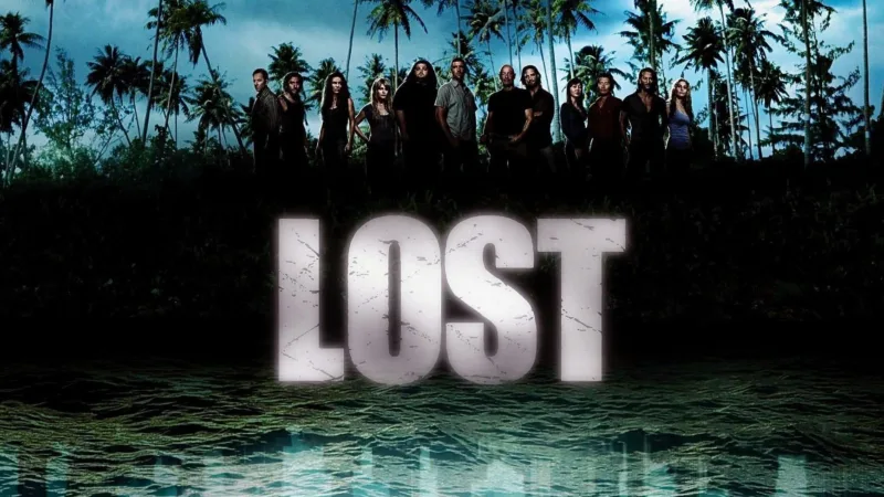 Affiche de Lost : Les Disparus avec les survivants de l’île alignés devant la jungle