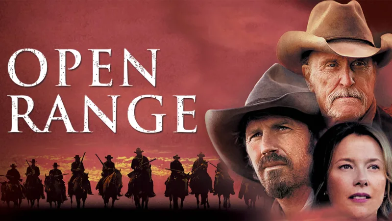 Kevin Costner, Robert Duvall et Annette Bening sur un visuel promotionnel de Open Range