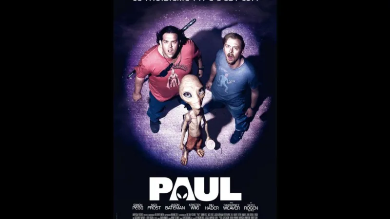 Affiche officielle du film Paul sur Netflix avec l’extraterrestre Paul devant le camping-car de Graeme et Clive