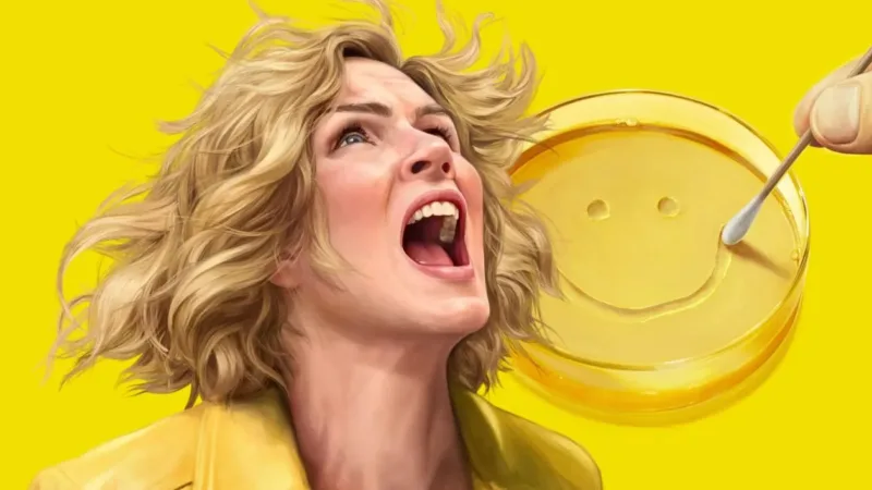 Affiche officielle de Pluribus avec le titre sur fond jaune et un visuel de sourire