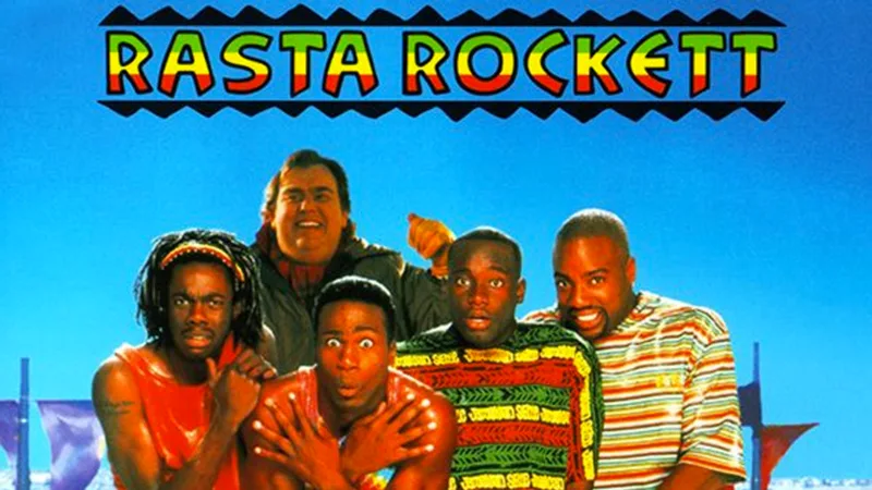 Affiche de Rasta Rockett avec l’équipe jamaïcaine et le bobsleigh au premier plan