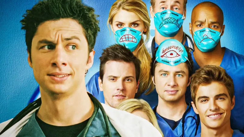 Visuel officiel de Scrubs (revival) avec J.D., Turk et Elliot à l’hôpital Sacred Heart