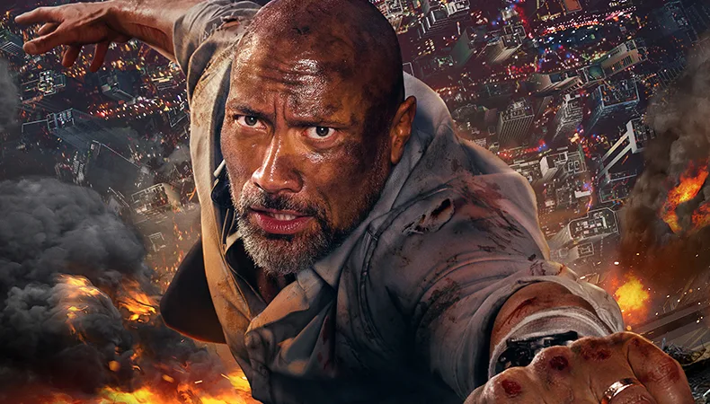 Affiche de Skyscraper avec Dwayne Johnson suspendu au-dessus de la ville