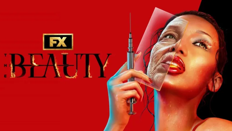 Affiche officielle de The Beauty (série FX) sur Disney+ en France, visage féminin et seringue, casting Evan Peters Rebecca Hall Ashton Kutcher