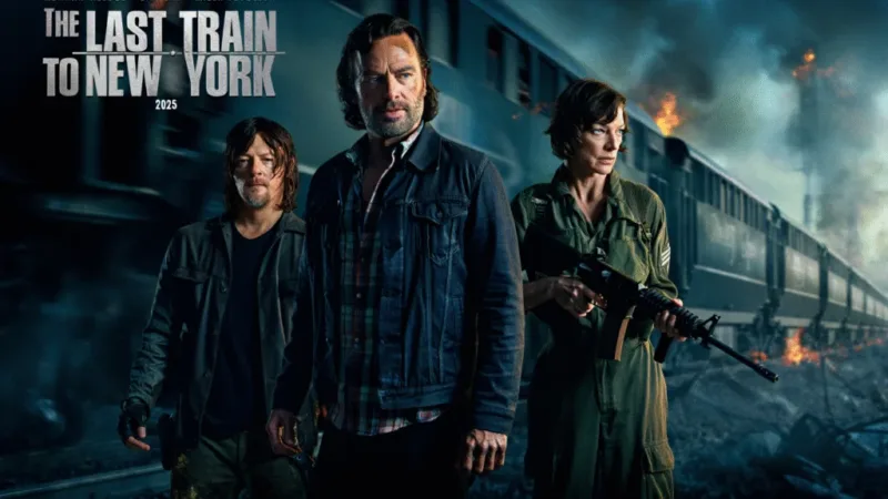 Visuel d’annonce de The Last Train to New York, film de zombies attendu, titre en jaune sur fond sombre