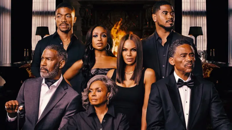 Affiche promo de Beauty in Black avec les principaux membres de la famille Bellarie
