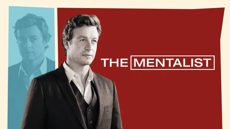 Affiche officielle de Mentalist avec Simon Baker (Patrick Jane) sur fond rouge