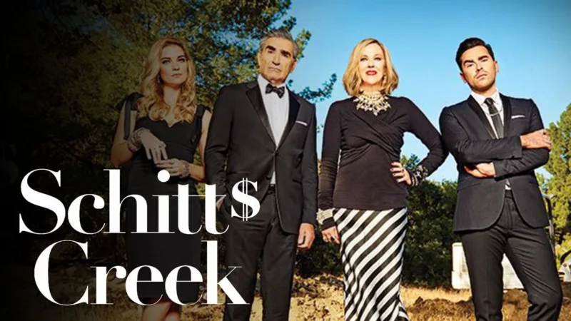Affiche de Schitt’s Creek avec la famille Rose en tenue chic