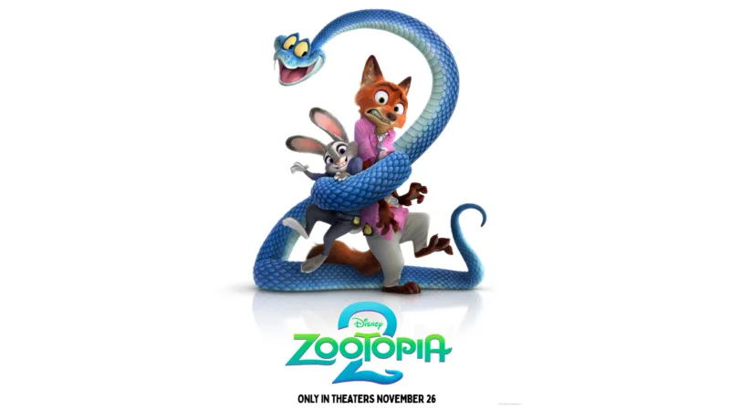 affiche officielle de Zootopia 2 avec Judy Hopps, Nick Wilde et Gary De'Snake