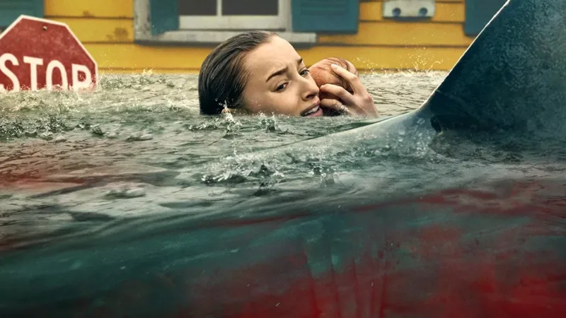Affiche de Nature prédatrice sur Netflix avec Phoebe Dynevor face à un requin