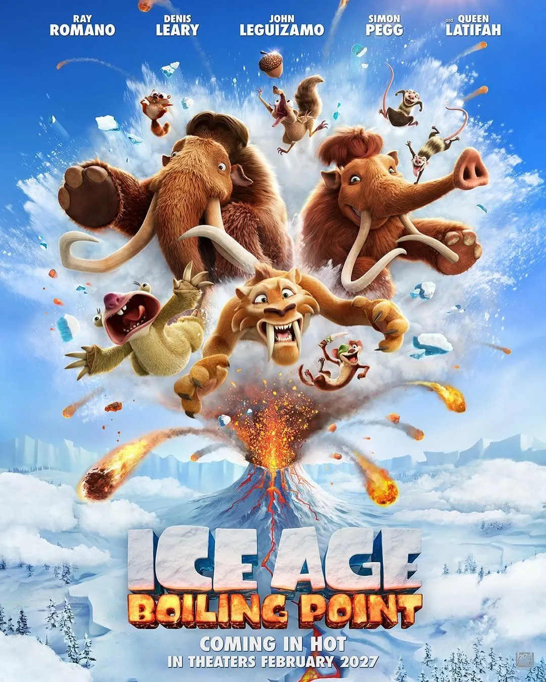Première affiche officielle de L’âge de glace 6, l’éveil du volcan avec Manny, Sid, Diego et Scrat face à la lave