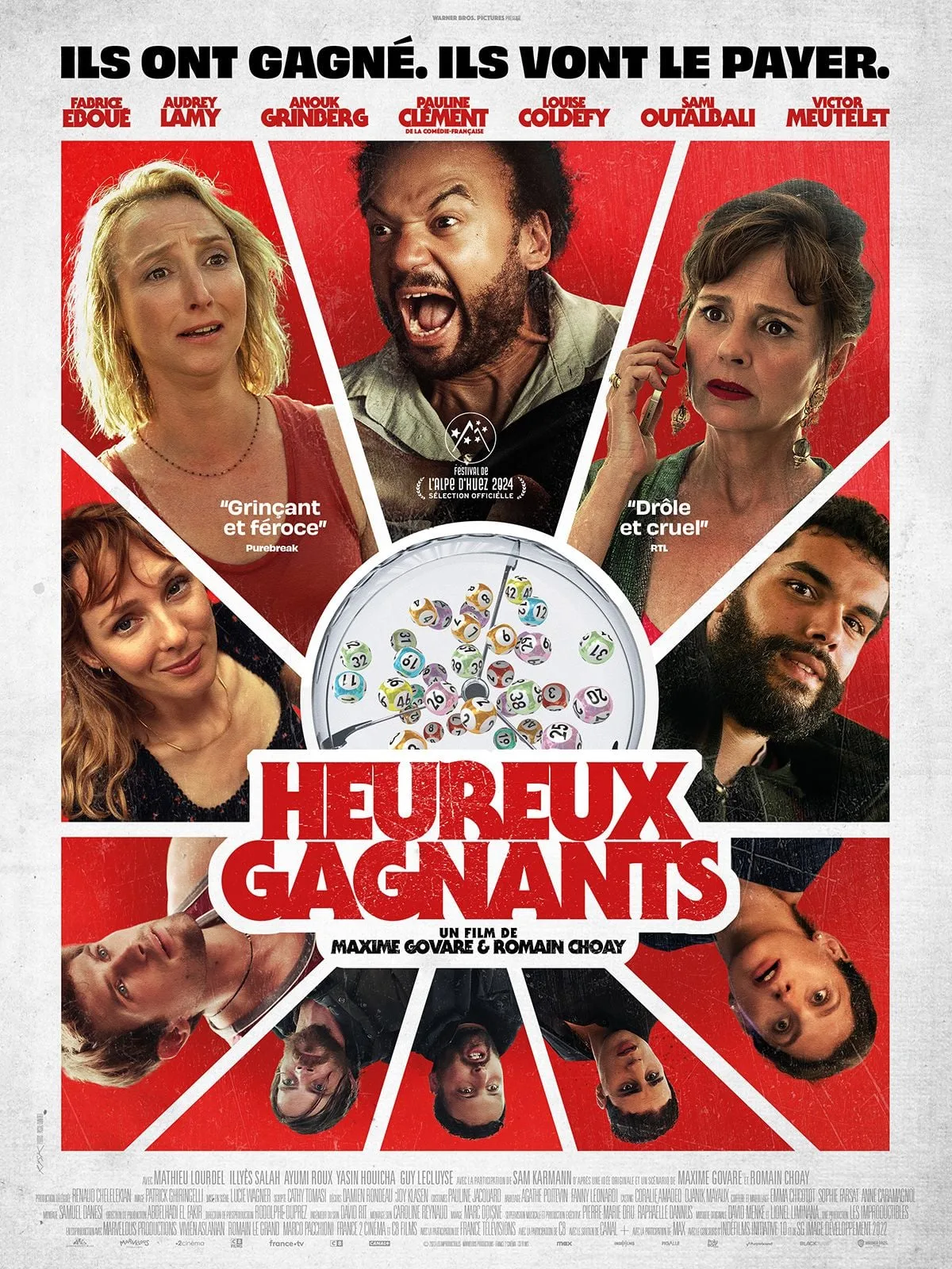 Affiche du film Heureux gagnants avec sa distribution autour d’un tirage de loterie