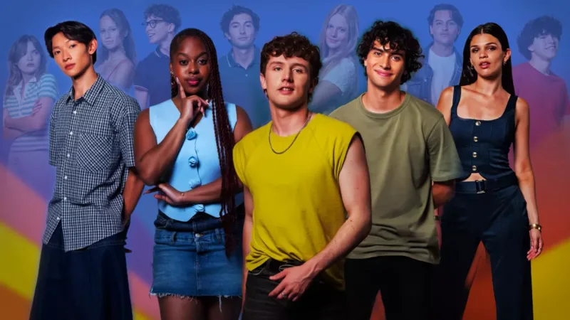 Plusieurs personnages adolescents de Karma réunis devant un fond bleu et orangé