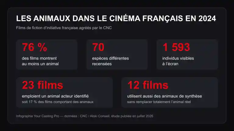 Infographie présentant cinq chiffres sur les animaux dans les films français en 2024