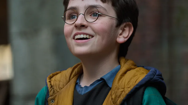 Dominic McLaughlin dans le rôle de Harry Potter avec son équipement de Quidditch