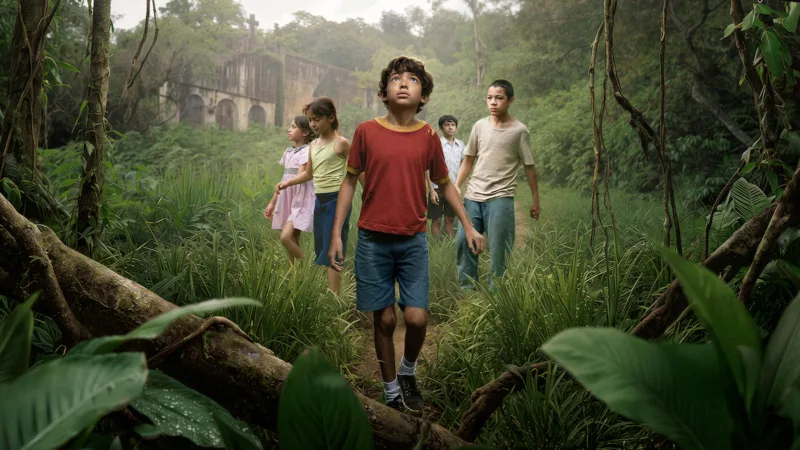 Miguel et ses amis traversent la végétation du Veracruz dans la série Je n’ai pas peur