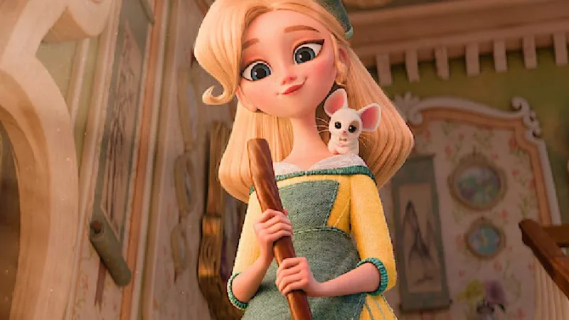Cendrillon tient un balai avec une petite souris sur son épaule