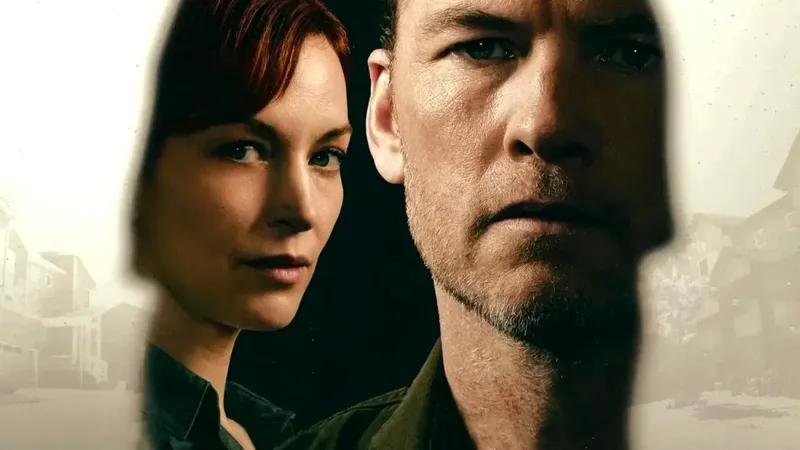 Sam Worthington et Britt Lower sur l'affiche de la série NETFLIX Sur tes traces.