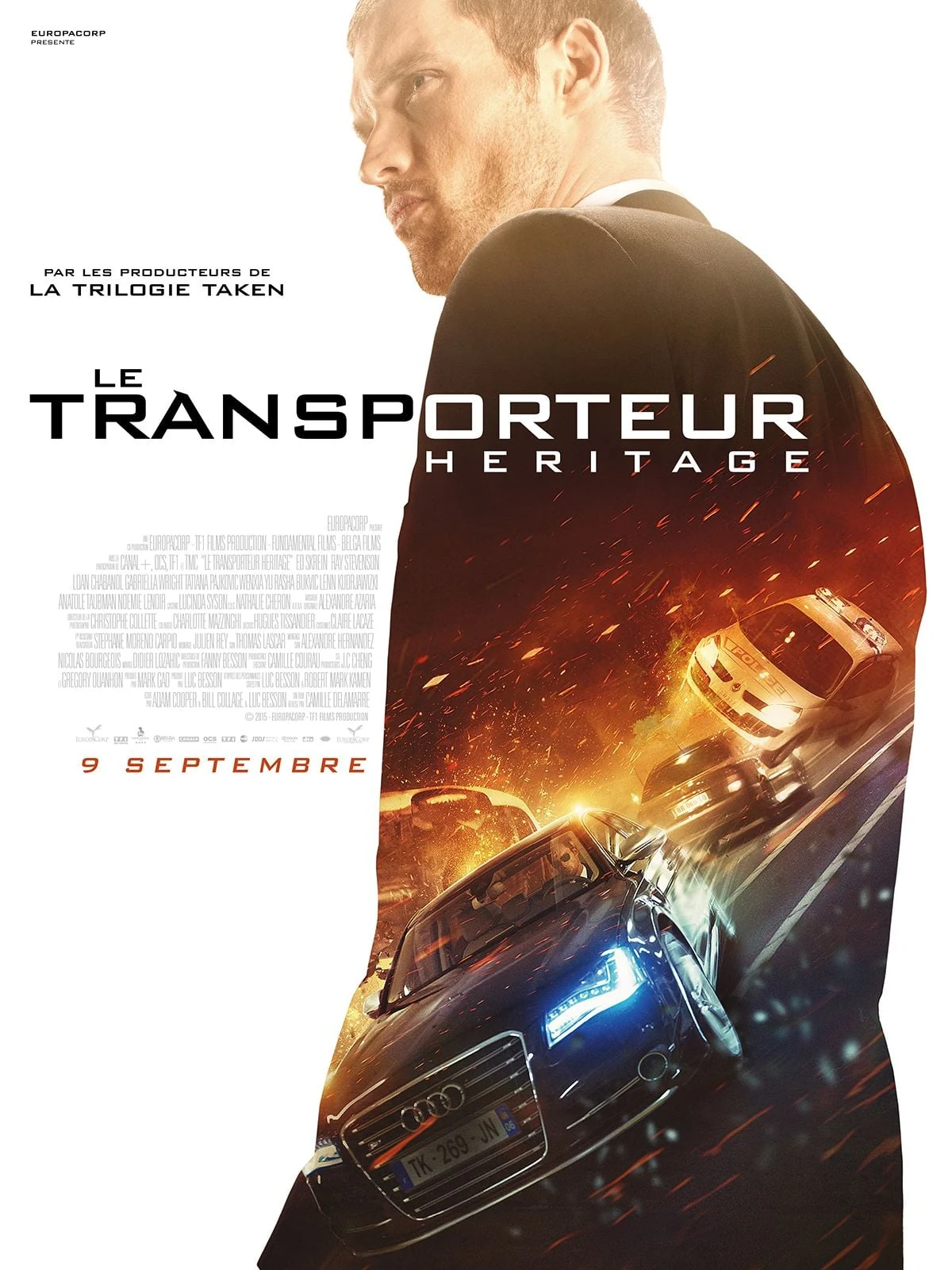 Affiche officielle de Le Transporteur Héritage avec Ed Skrein et des voitures lancées à grande vitesse
