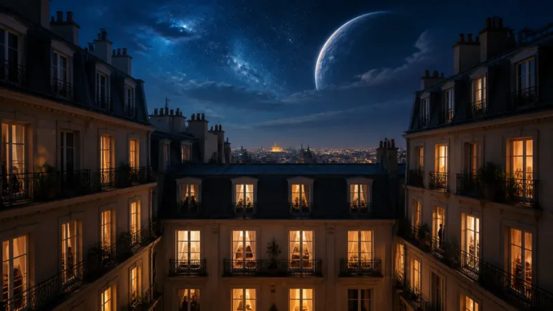 Immeuble parisien éclairé sous une planète dans le ciel nocturne