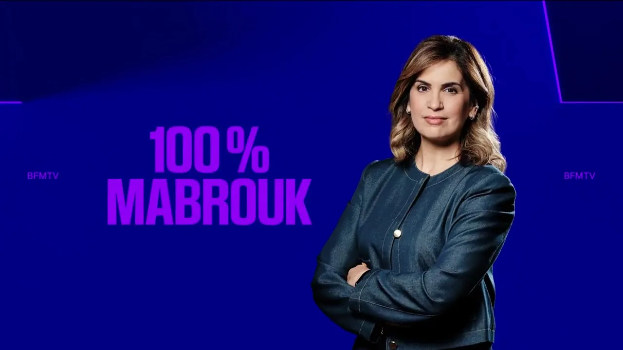 Portrait officiel de Sonia Mabrouk devant le titre 100% Mabrouk