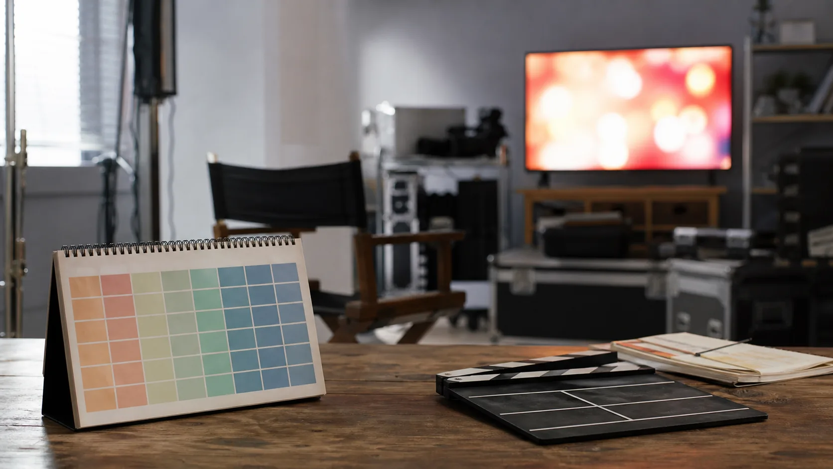 Calendrier sans texte, clap et plateau vide devant un écran de télévision