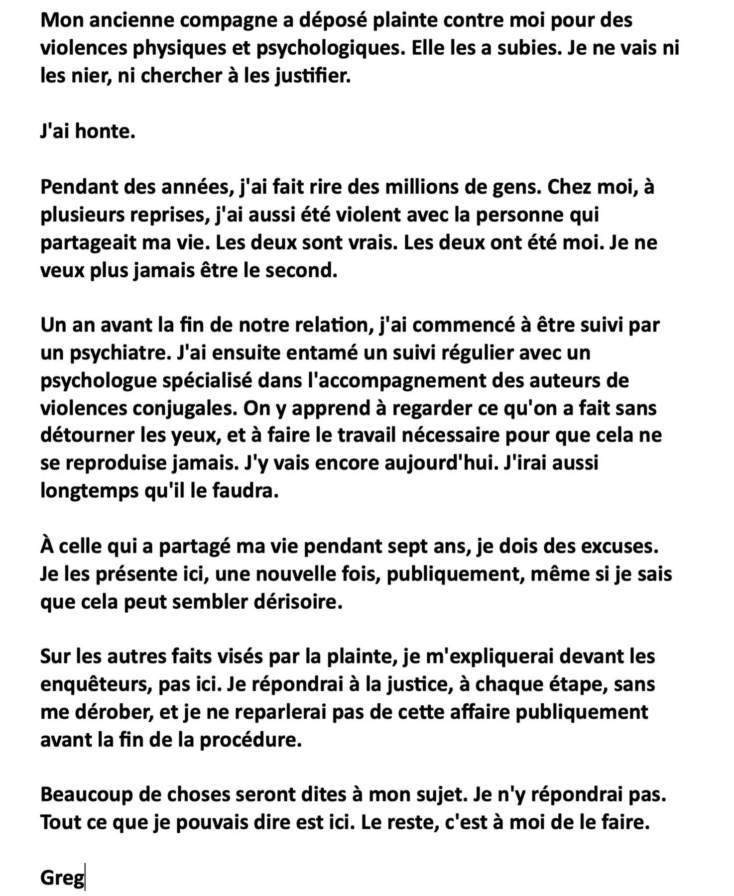 Déclaration écrite de Greg Guillotin reconnaissant des violences physiques et psychologiques envers son ancienne compagne