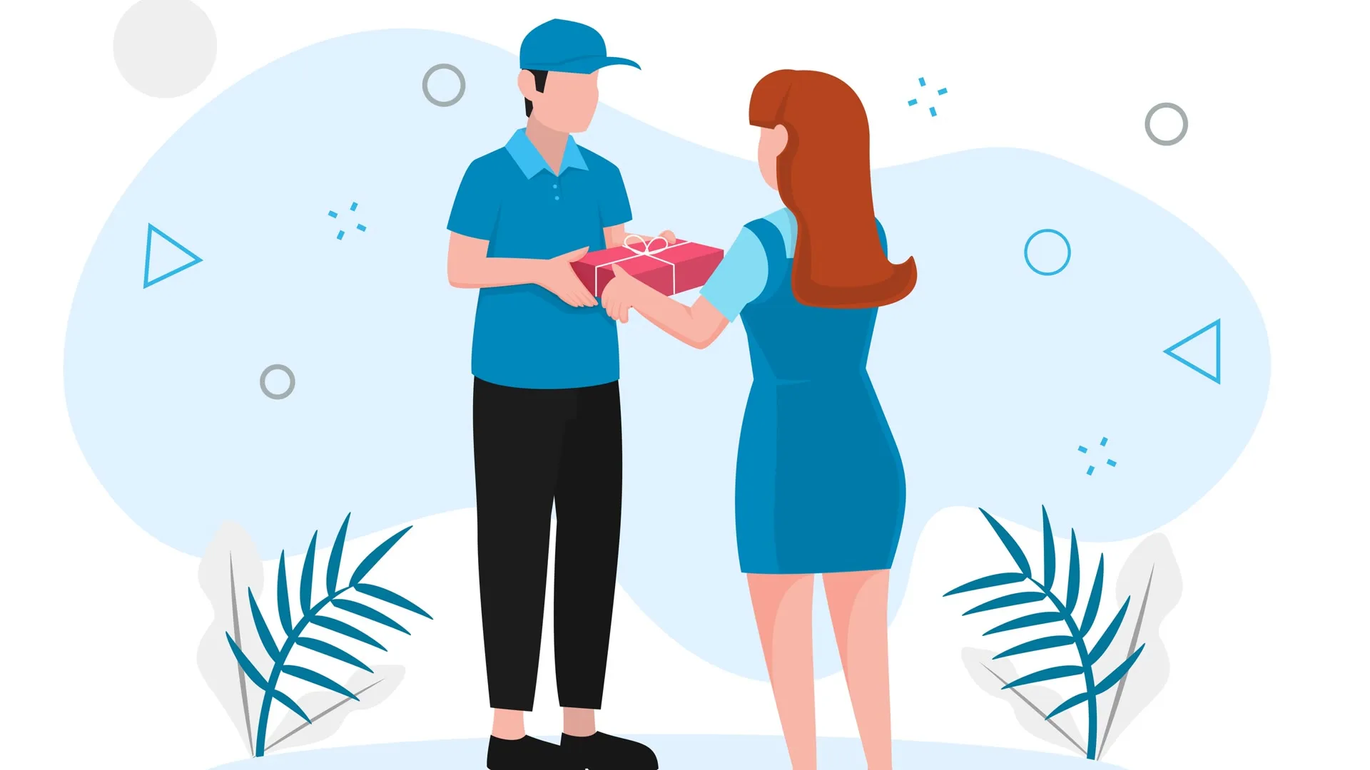 Illustration d’une remise de colis entre une personne chargée de la livraison et une cliente