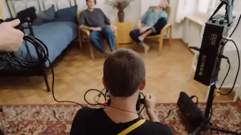 Équipe de tournage filmant deux personnes assises dans un intérieur aménagé, avec matériel de prise de vues.