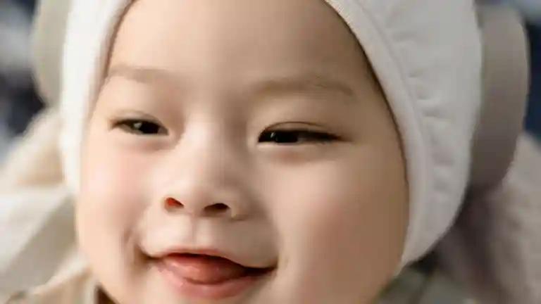Bébé souriant portant un bonnet clair