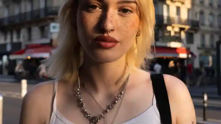 Jeune femme blonde photographiée dans une rue de Paris
