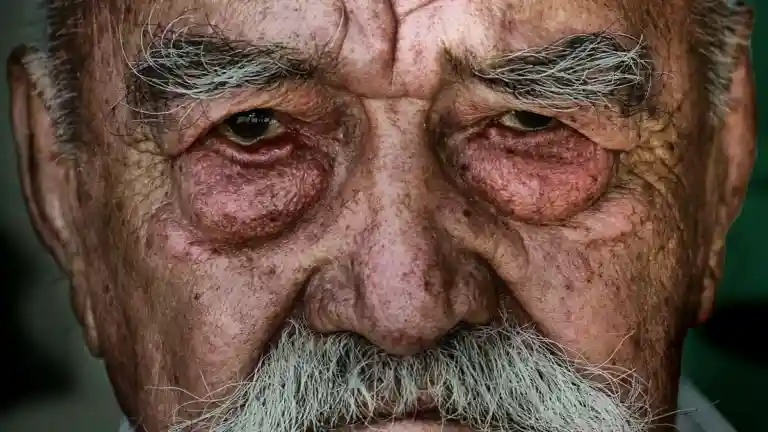 Portrait rapproché d’un homme âgé à moustache blanche