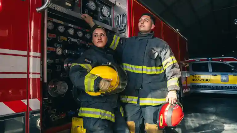 Une femme et un homme pompiers en tenue de protection près d’un camion de secours.
