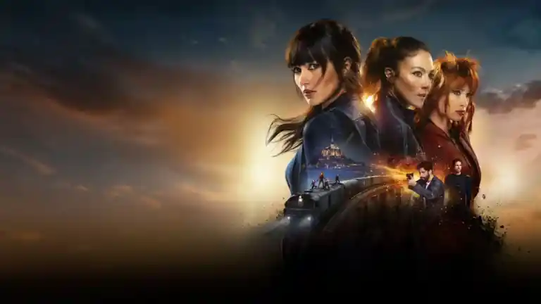 Visuel promotionnel des trois sœurs Chamade, avec un train et les personnages masculins de la saison 2