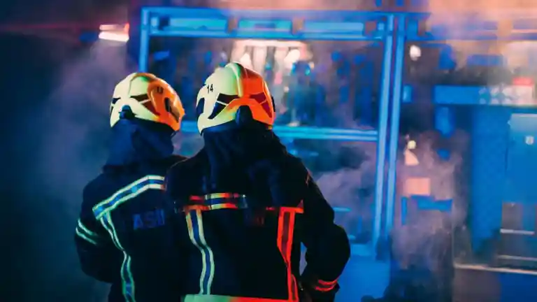 Deux pompiers marchant près d'un véhicule de secours